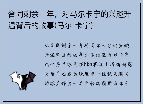 合同剩余一年，对马尔卡宁的兴趣升温背后的故事(马尔 卡宁)
