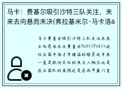 马卡：费基尔吸引沙特三队关注，未来去向悬而未决(弗拉基米尔·马卡洛夫)