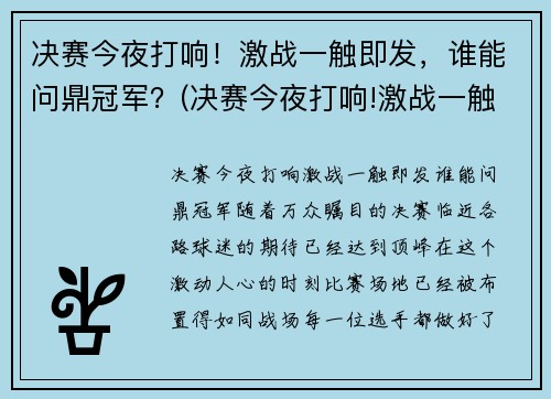 决赛今夜打响！激战一触即发，谁能问鼎冠军？(决赛今夜打响!激战一触即发)