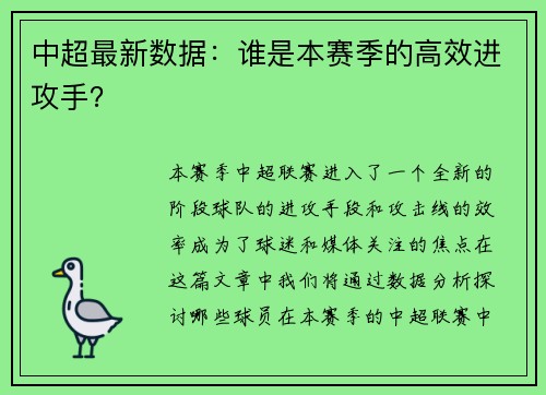 中超最新数据：谁是本赛季的高效进攻手？