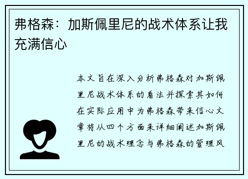 弗格森：加斯佩里尼的战术体系让我充满信心