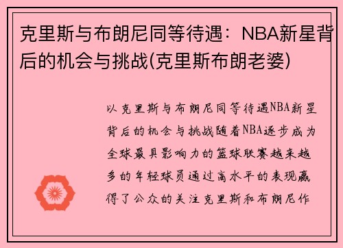 克里斯与布朗尼同等待遇：NBA新星背后的机会与挑战(克里斯布朗老婆)