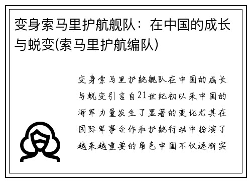 变身索马里护航舰队：在中国的成长与蜕变(索马里护航编队)