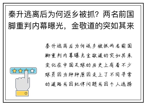 秦升逃离后为何返乡被抓？两名前国脚重判内幕曝光，金敬道的突如其来变化