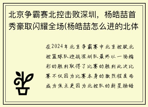 北京争霸赛北控击败深圳，杨皓喆首秀豪取闪耀全场(杨皓喆怎么进的北体cuba)